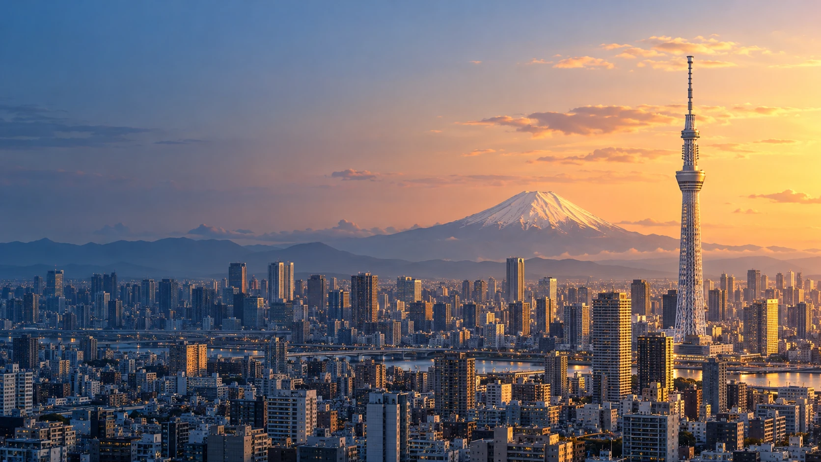 富士山與東京晴空塔的日本城市夕景示意圖