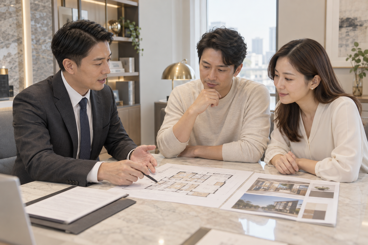 AI 生成的日本房產購屋條件說明與諮詢情境圖