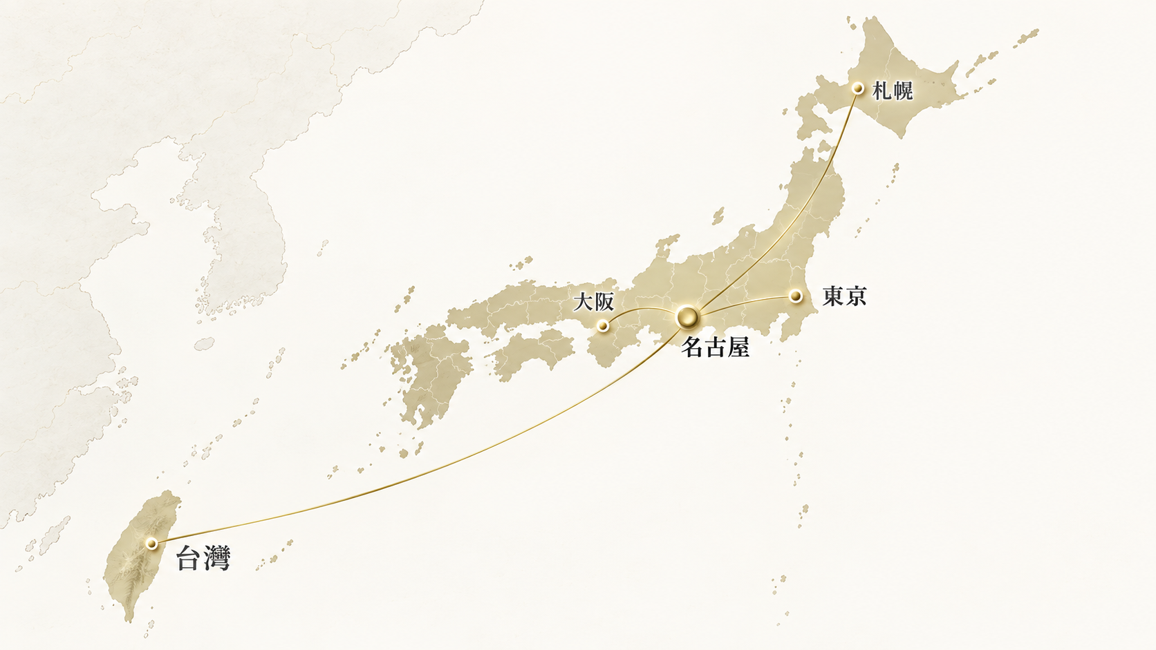 台灣連結名古屋、東京、大阪與札幌的服務據點示意地圖